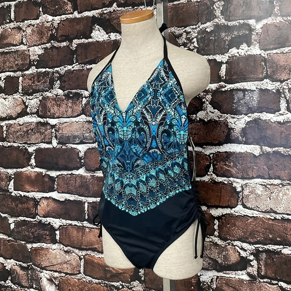 Aqua Green Swimsuit Womens X Large XL Blue Black NWT Geometric Halter One-Piece - Picture 6 of 17